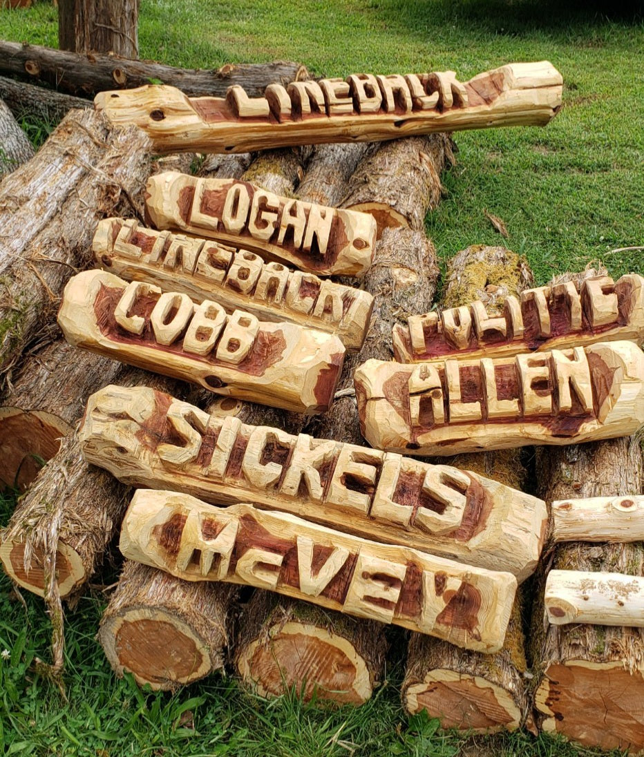 Chainsaw Carving Family Name log, woth two base logs.