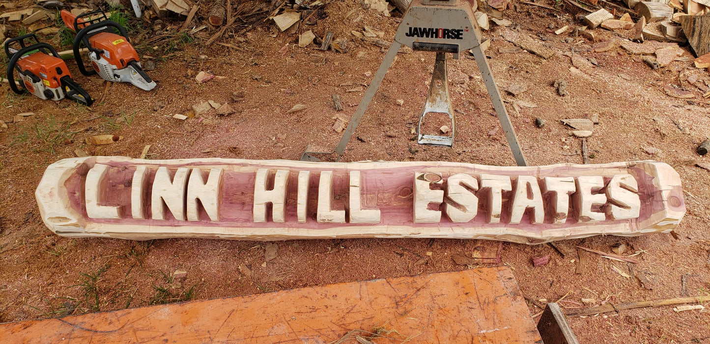 Chainsaw Carving Family Name log, woth two base logs.
