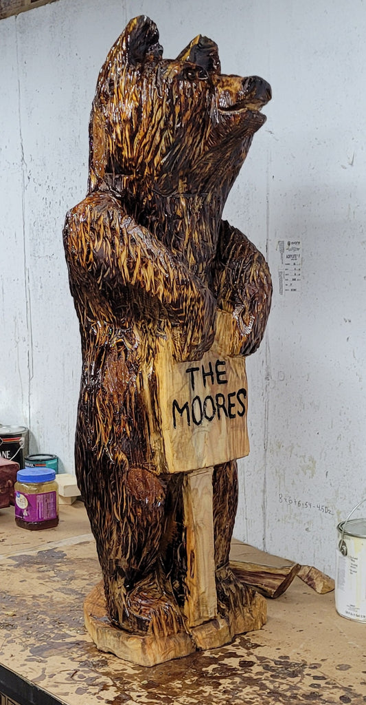 Chainsaw carving 3 ft bear, hand-carved with a persoalized sign.