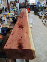 Load image into Gallery viewer, Live Edge Cedar Fireplace Mantels, 7ft long, 12 inch deep, 7 inch thick Floating Cedar Mantels brackets included.