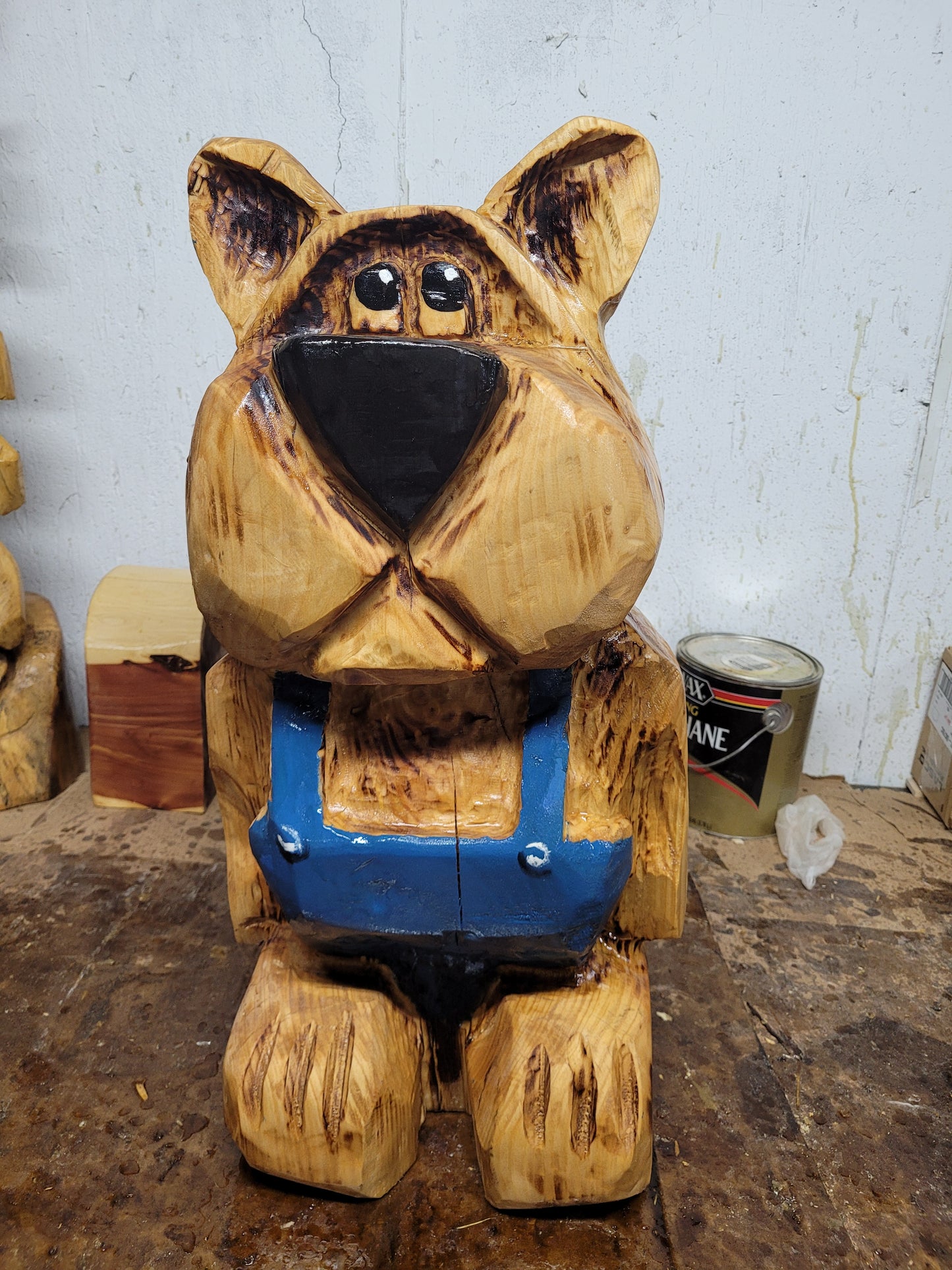 Chainsaw Carving Bear in overalls. 24 inches