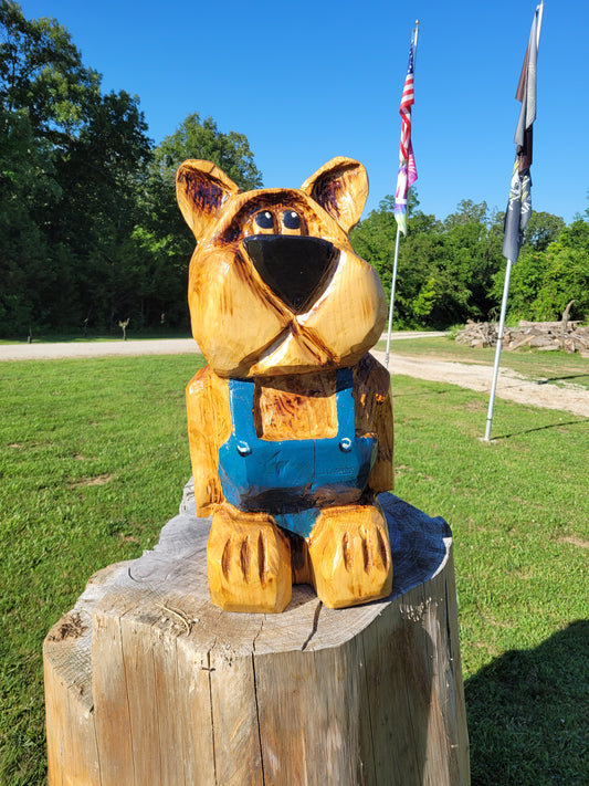 Bear in Suspenders, Chainsaw Carving.