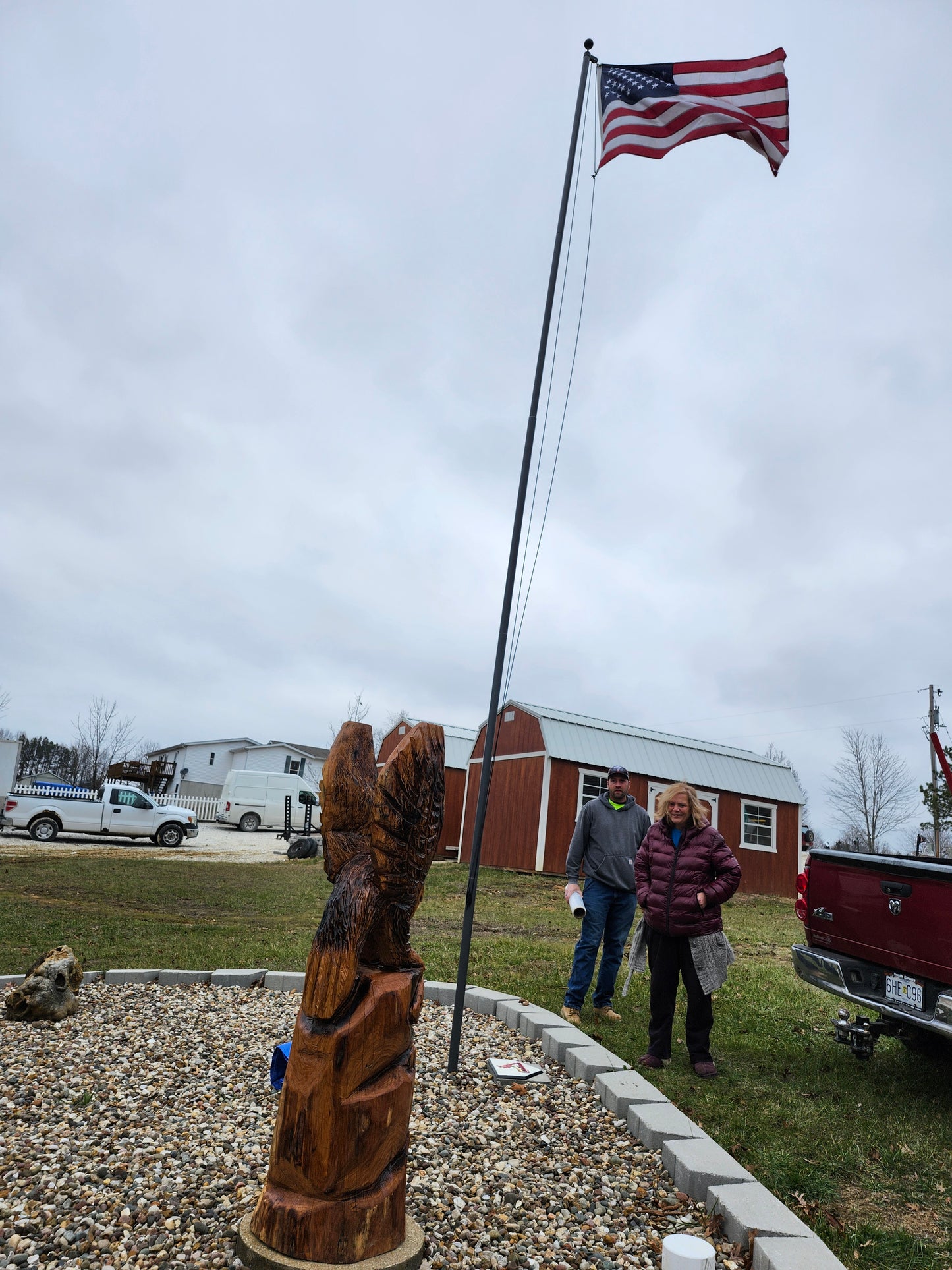 Chainsaw Carving Standing Eagle with Fish, persalized patriotic Carving
