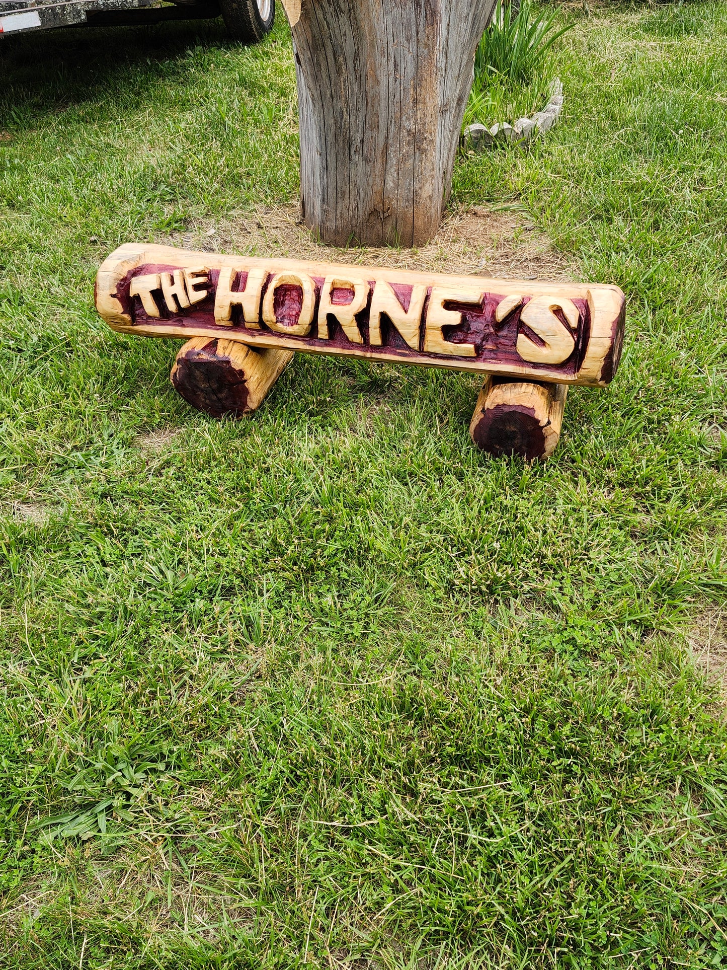 Chainsaw Carving Family Name log, woth two base logs.