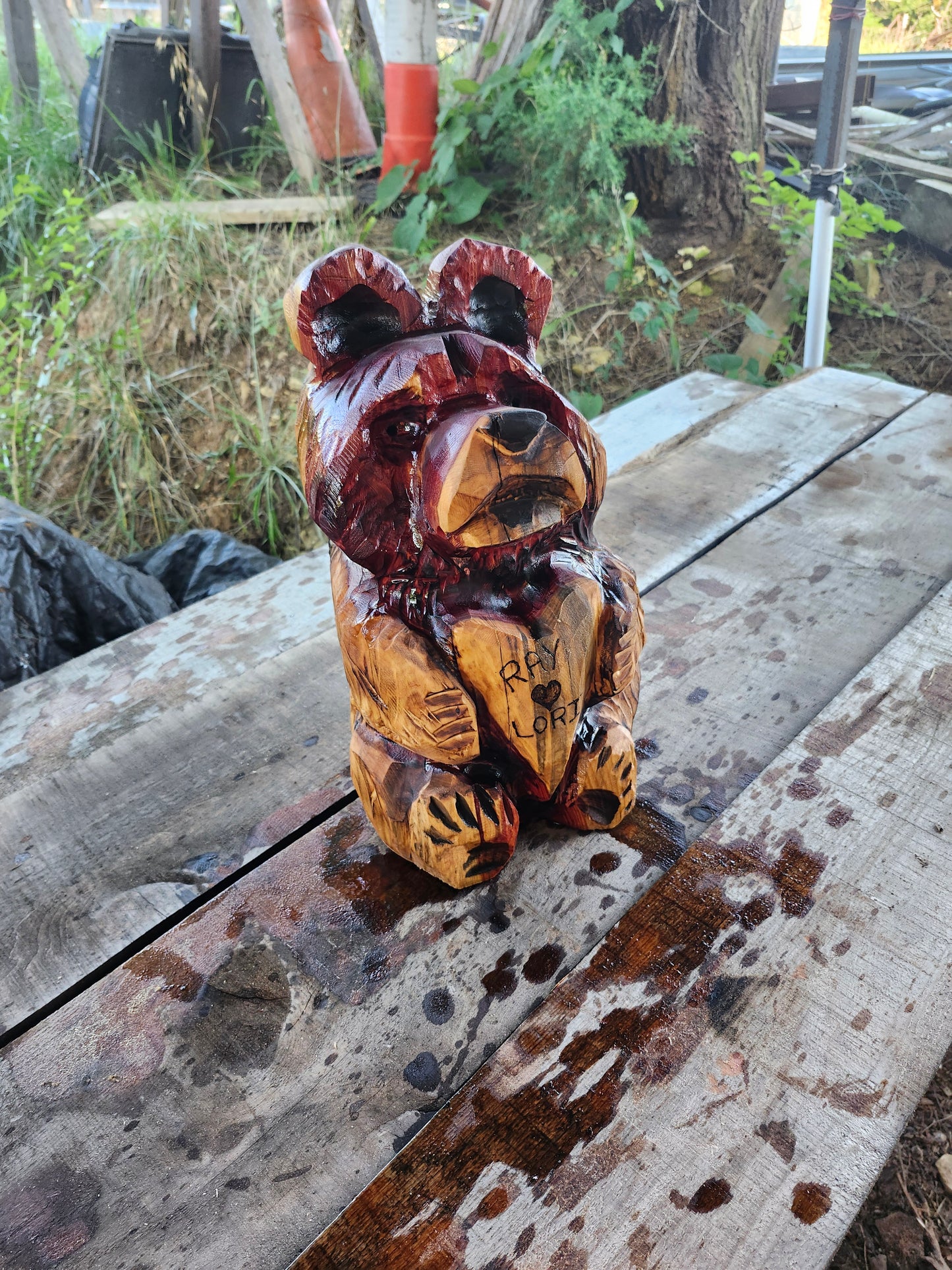 Chainsaw Carving Bear with Heart Sign  16" inches tall
