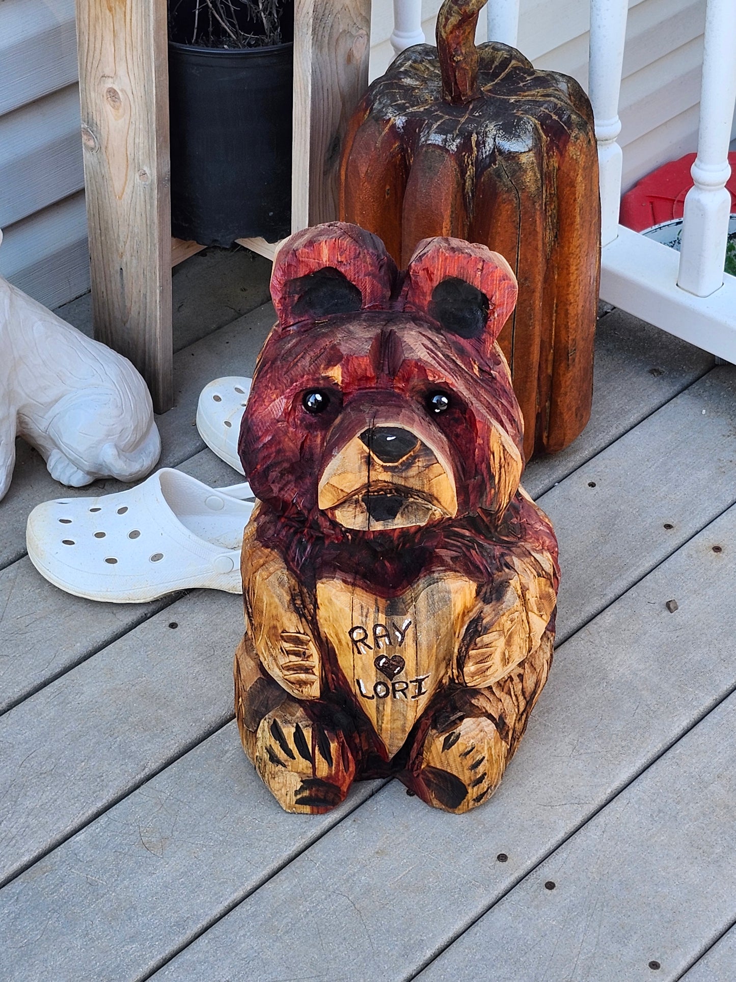 Bear chainsaw carving 18" bear with heart, personalized